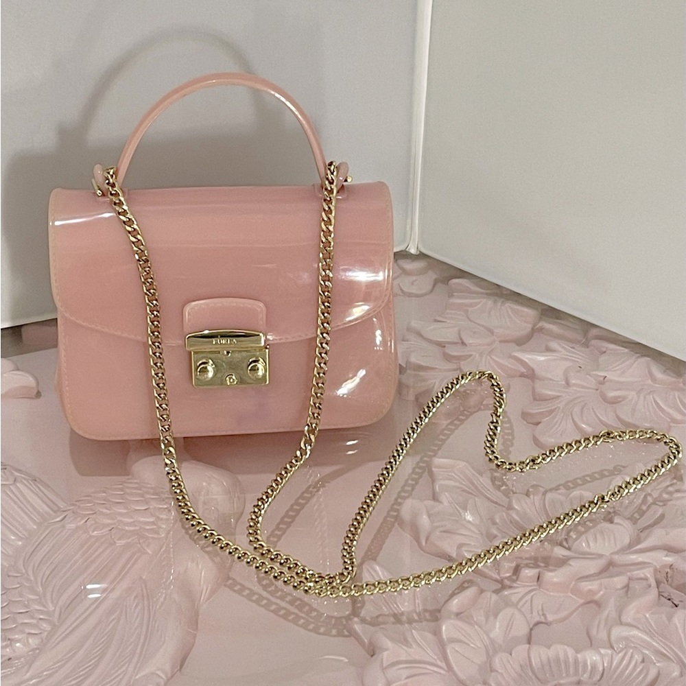 FURLA Candy Pink Metropolis Mini Crossbody Purse/Bag with Gold Accents
